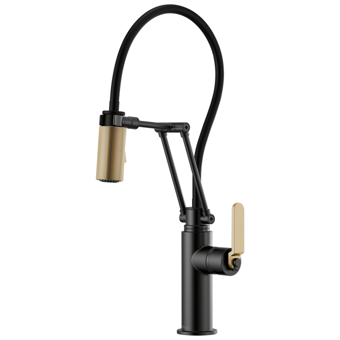 BRIZO Litze Articulating Faucet with Industrial Handle — Matte Black/Luxe Gold