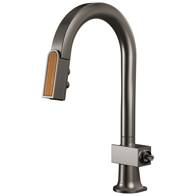 BRIZO Frank Lloyd Wright Pull-Down Prep Faucet with Arc Spout and Wood Wand - Less Handle — Brilliance Black Onyx / Wood