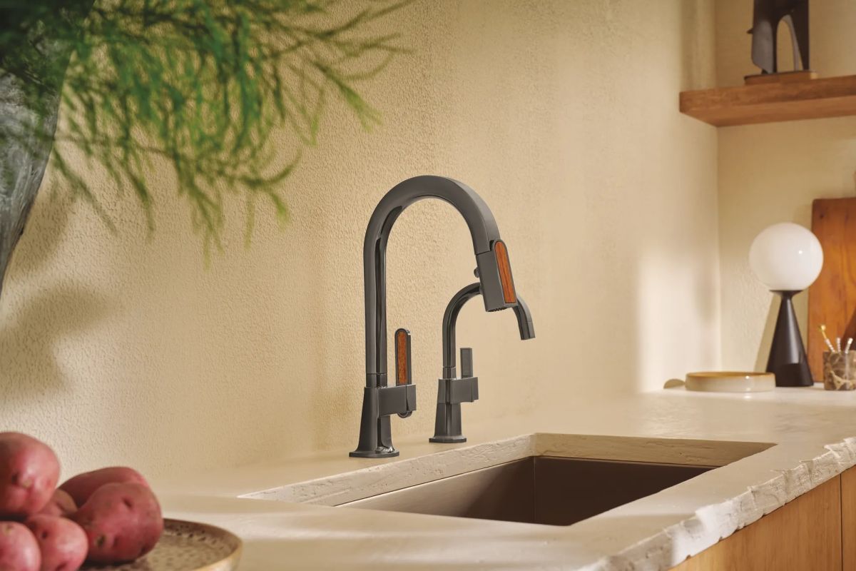 BRIZO Frank Lloyd Wright Pull-Down Prep Faucet with Arc Spout and Wood Wand - Less Handle — Brilliance Black Onyx / Wood
