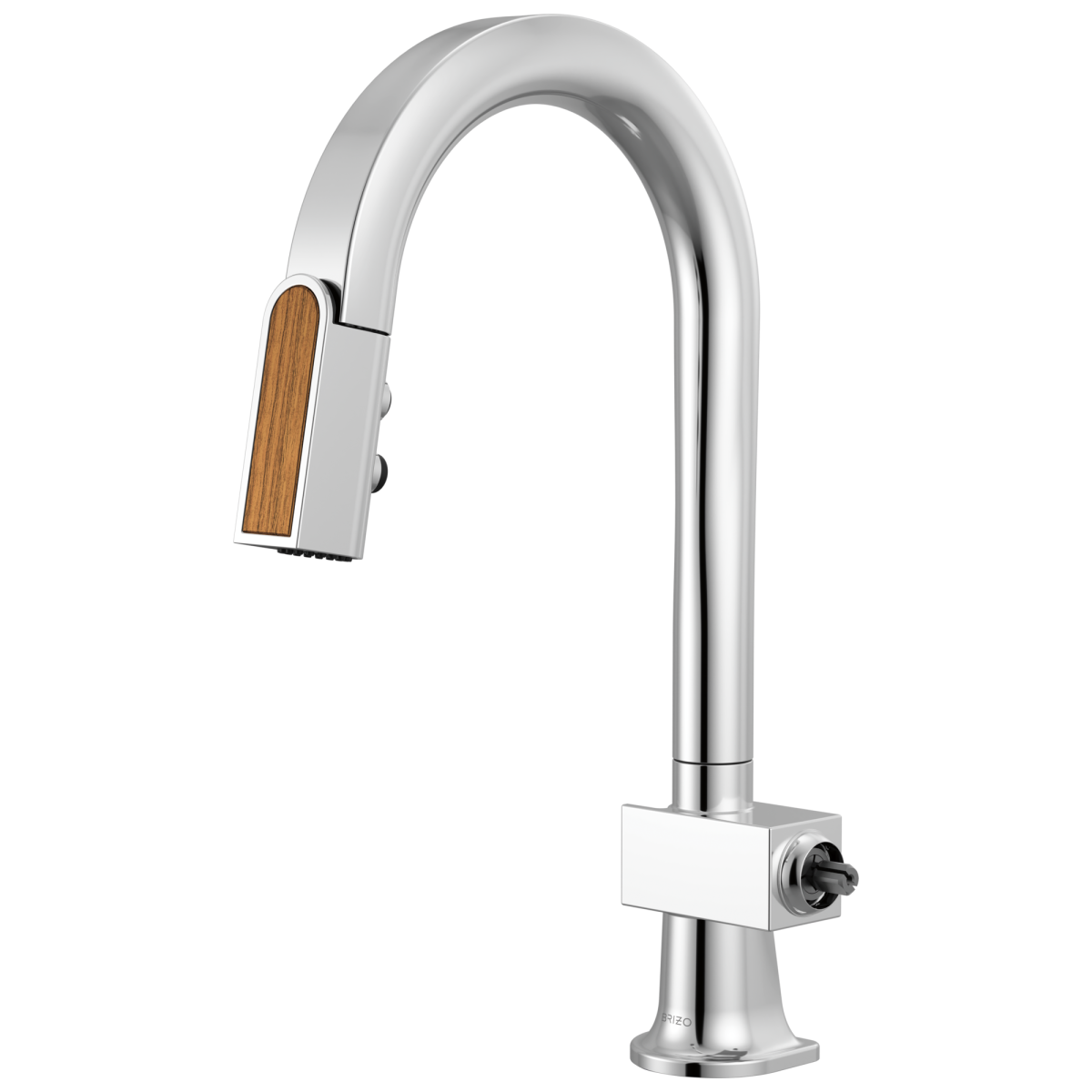 BRIZO Frank Lloyd Wright Pull-Down Prep Faucet with Arc Spout and Wood Wand - Less Handle — Polished Chrome / Teak Wood