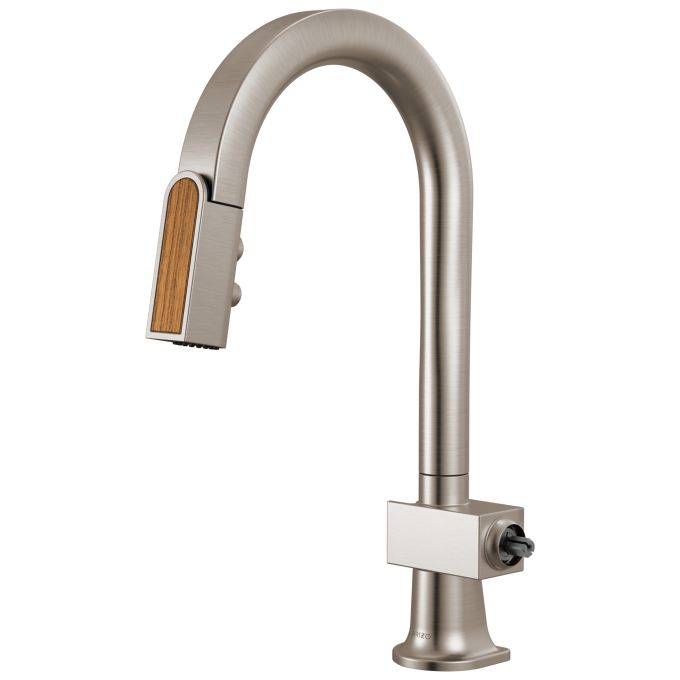 BRIZO Frank Lloyd Wright Pull-Down Prep Faucet with Arc Spout and Wood Wand - Less Handle — Stainless / Wood