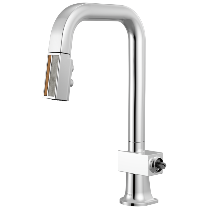 BRIZO Frank Lloyd Wright Pull-Down Prep Faucet with Square Spout and Wood/Concrete Wand - Less Handle — Polished Chrome / Teak Wood