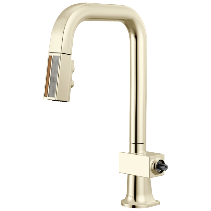 BRIZO Frank Lloyd Wright Pull-Down Prep Faucet with Square Spout and Wood/Concrete Wand - Less Handle — Polished Nickel / Wood