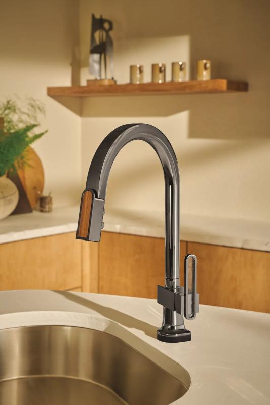 BRIZO Frank Lloyd Wright Pull-Down Kitchen Faucet Arc Lever with Glass Inlay Handle Kit​ — Brilliance Black Onyx / Clear