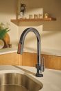 BRIZO Frank Lloyd Wright SmartTouch Pull-Down Kitchen Faucet with Arc Spout and Wood Wand - Less Handle — Brilliance Black Onyx / Wood