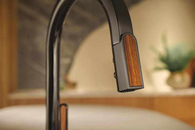 BRIZO Frank Lloyd Wright Pull-Down Kitchen Faucet Arc Lever with Wood Inlay Handle Kit​ — Brilliance Black Onyx / Wood