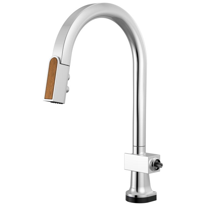 BRIZO Frank Lloyd Wright SmartTouch Pull-Down Kitchen Faucet with Arc Spout and Wood Wand - Less Handle — Polished Chrome / Teak Wood