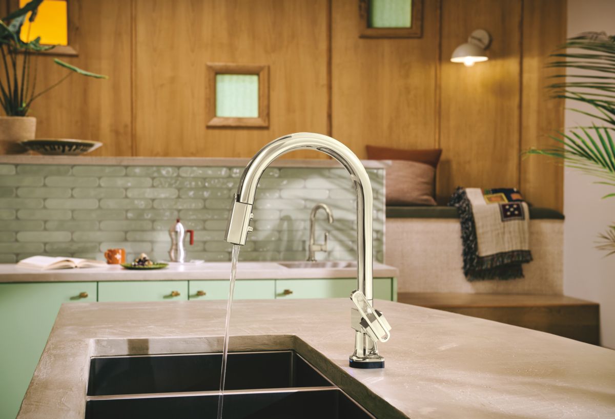 BRIZO Frank Lloyd Wright Pull-Down Kitchen Faucet Arc Lever with Glass Inlay Handle Kit​ — Polished Nickel / Clear