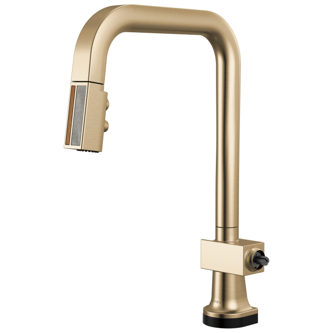 BRIZO Frank Lloyd Wright SmartTouch Pull-Down Kitchen Faucet with Square Spout and Wood/Concrete Wand - Less Handle — Luxe Gold / Wood