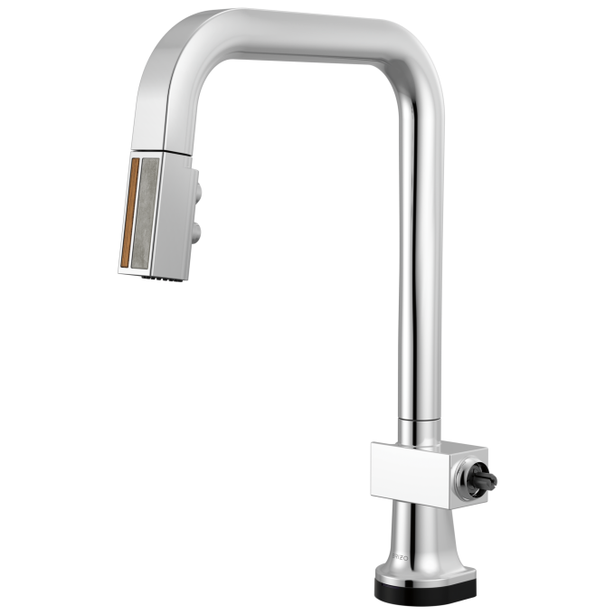 BRIZO Frank Lloyd Wright SmartTouch Pull-Down Kitchen Faucet with Square Spout and Wood/Concrete Wand - Less Handle — Polished Chrome / Teak Wood