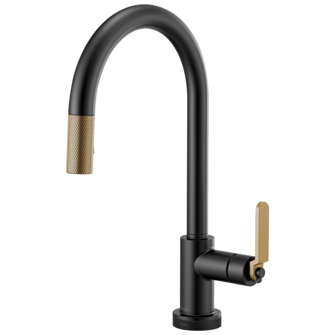 BRIZO Litze SmartTouch Pull-Down Kitchen Faucet with Arc Spout and Industrial Handle — Matte Black/Luxe Gold