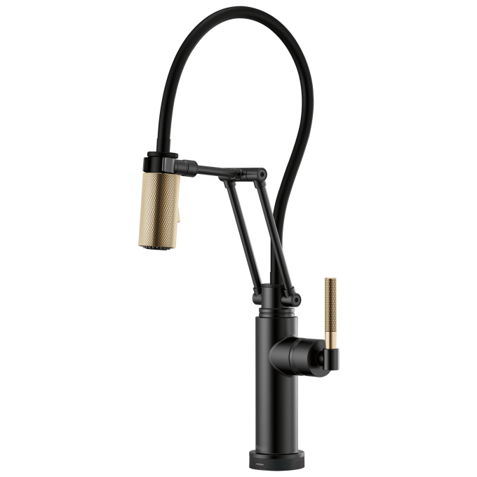 BRIZO Litze SmartTouch Articulating Kitchen Faucet with Knurled Handle — Matte Black/Luxe Gold