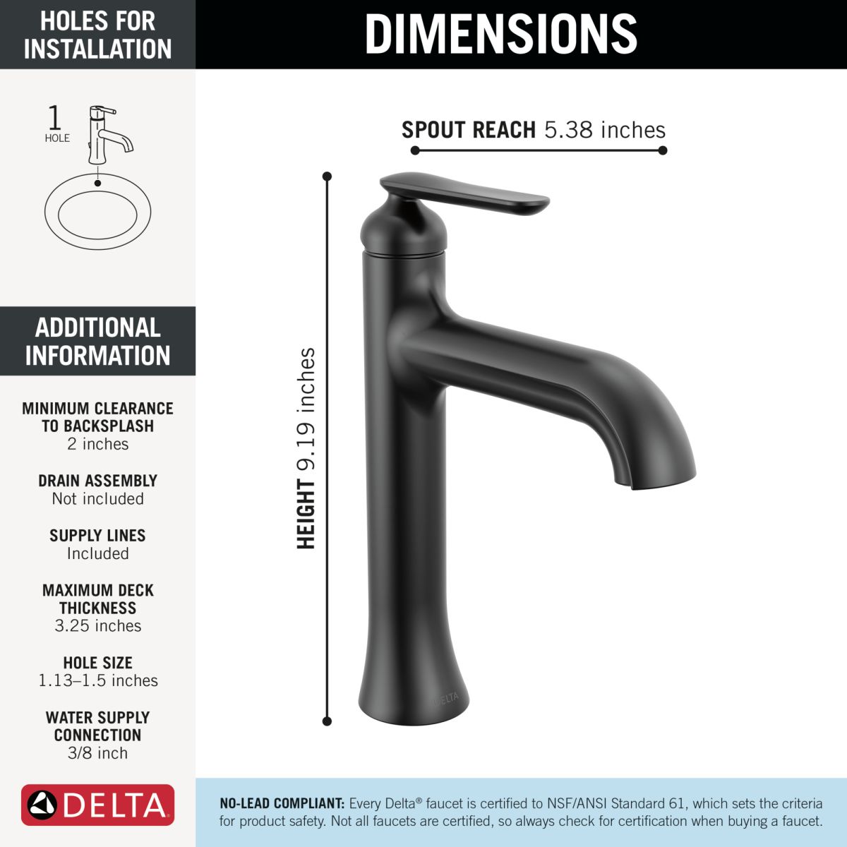 DELTA Bonacci Single Handle Mid-Height Bathroom Faucet — Matte Black