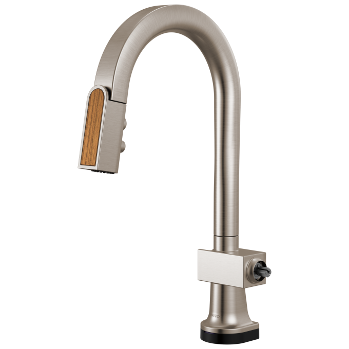 BRIZO Frank Lloyd Wright SmartTouch Pull-Down Prep Faucet with Arc Spout and Wood Spout - Less Handle — Stainless / Wood
