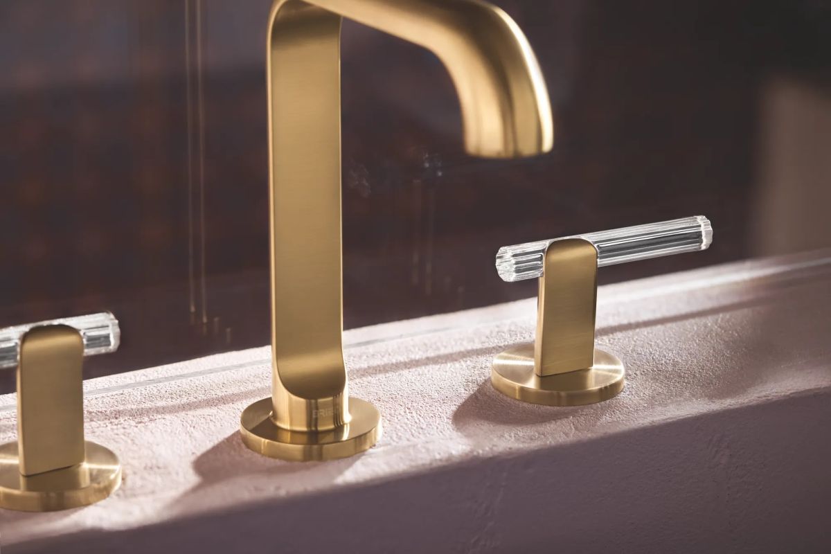 BRIZO Roccesco Widespread Lavatory Faucet with Square Spout - Less Handles — Luxe Gold