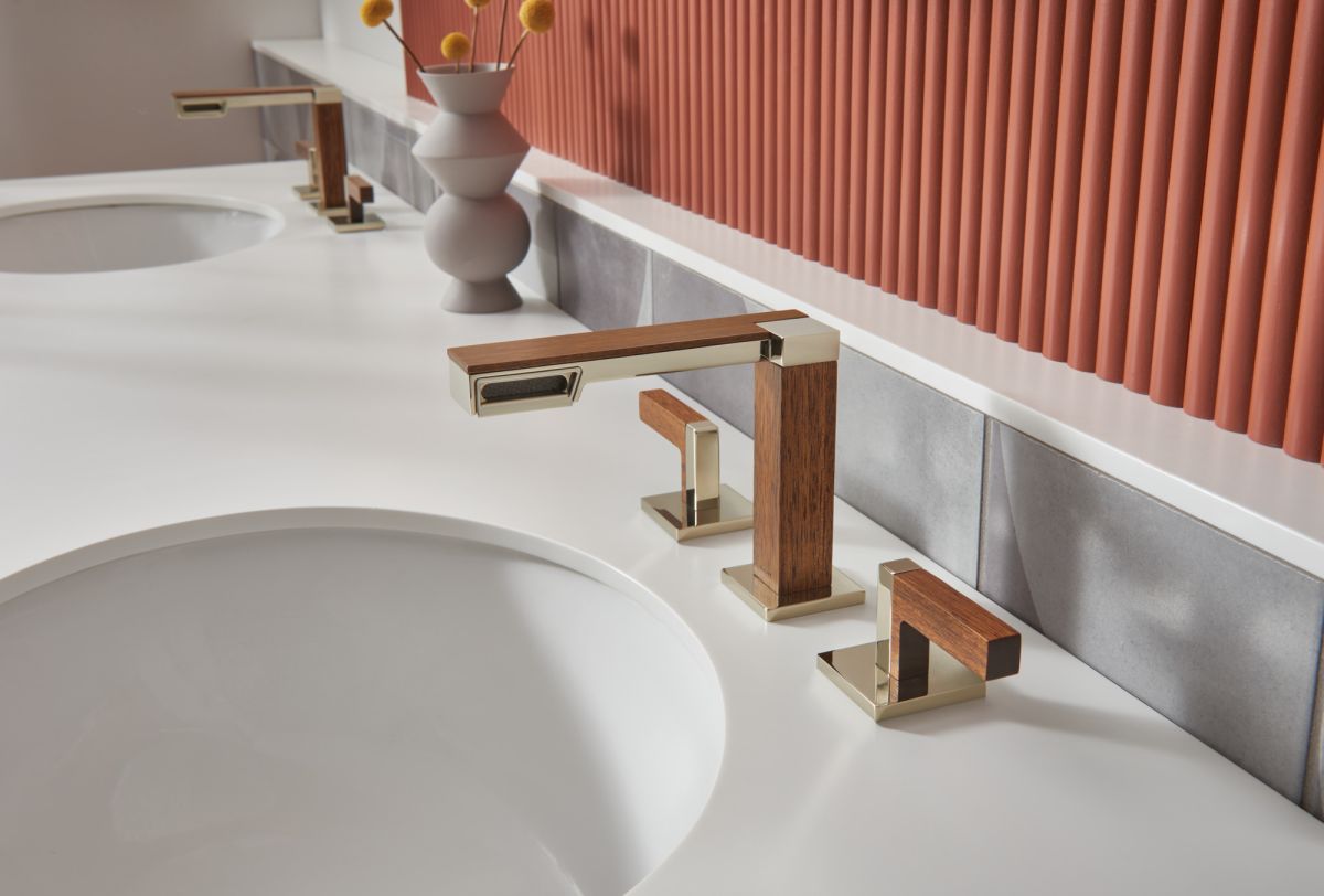 BRIZO Frank Lloyd Wright Widespread Lavatory Faucet - Less Handles — Polished Nickel Wood