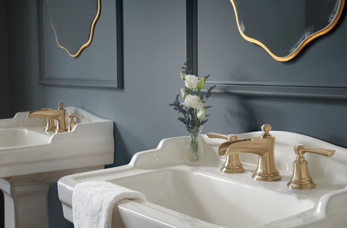 BRIZO Rook Widespread Lavatory Faucet with Channel Spout - Less Handles 1.5 GPM — Luxe Gold