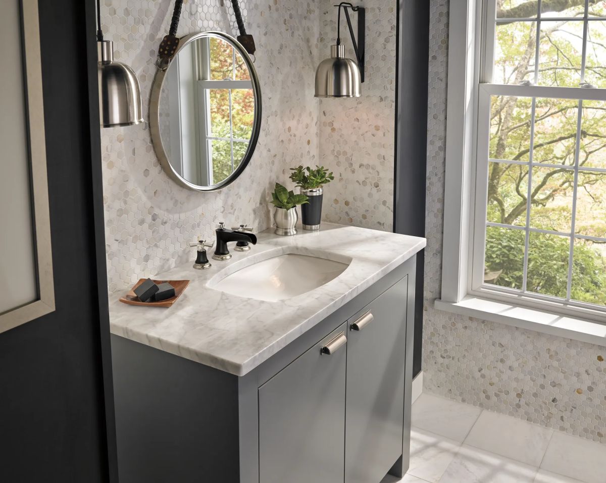 BRIZO Rook Widespread Lavatory Faucet with Channel Spout - Less Handles 1.5 GPM — Luxe Nickel  /Matte Black