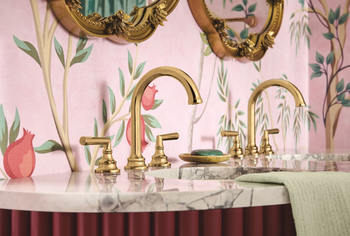 BRIZO Beauclere Widespread Lavatory Faucet with Arc Spout - Less Handles 1.2 GPM — Polished Gold