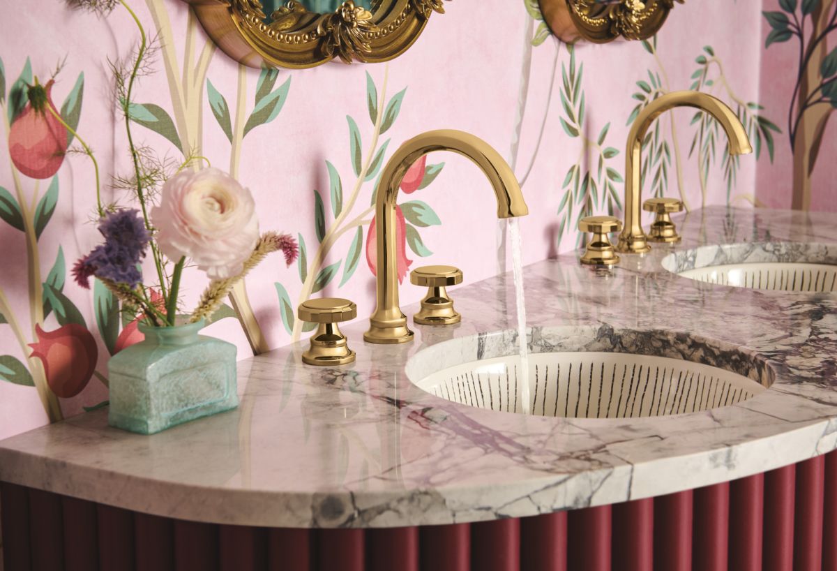 BRIZO Beauclere Widespread Lavatory Faucet with Arc Spout - Less Handles 1.2 GPM — Polished Gold