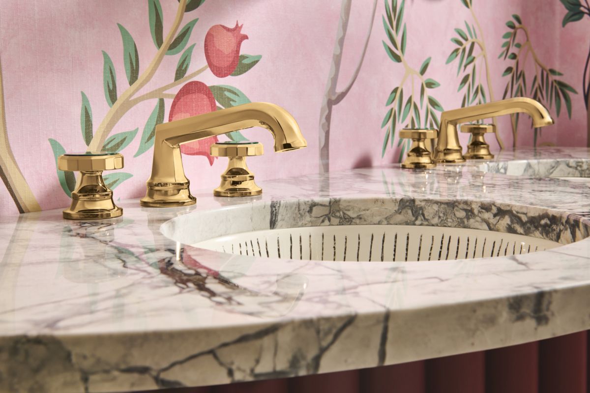 BRIZO Beauclere Widespread Lavatory Wheel Handle Kit — Polished Gold / Malachite