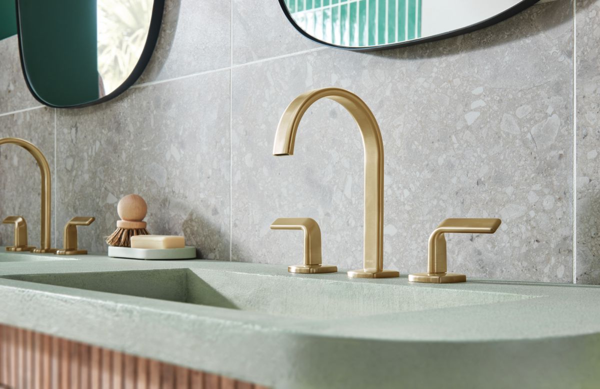 BRIZO Allaria Widespread Lavatory Faucet with Arc Spout - Less Handles — Luxe Gold