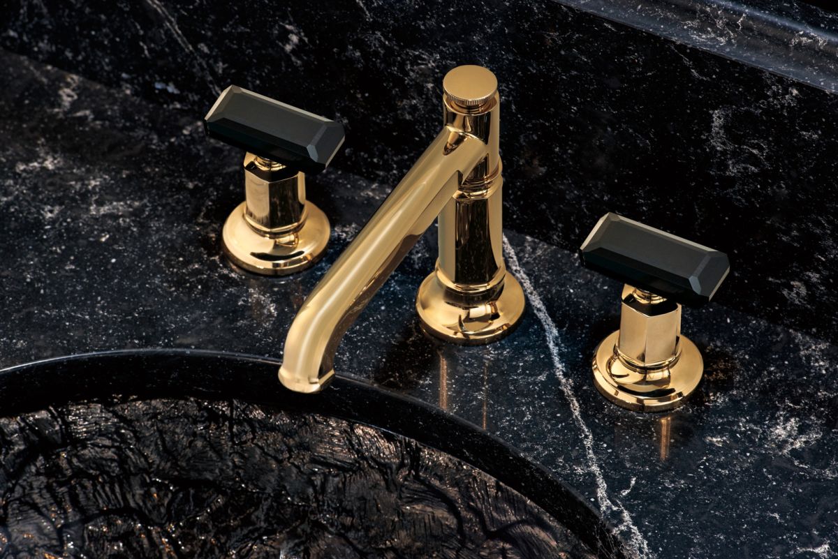 BRIZO Invari Widespread Lavatory Black Crytal Knob Handle Kit — Polished Gold / Black Crystal
