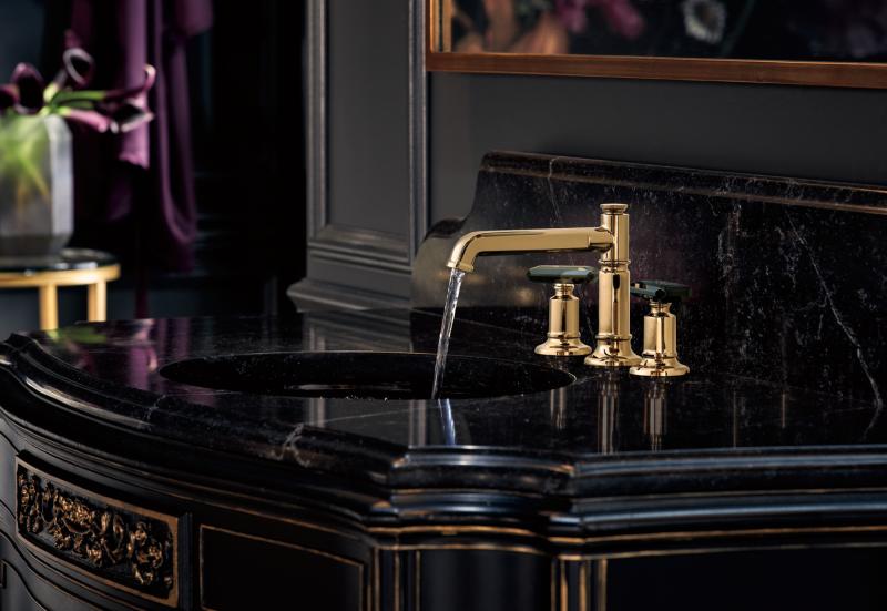 BRIZO Invari Widespread Lavatory Black Crytal Knob Handle Kit — Polished Gold / Black Crystal