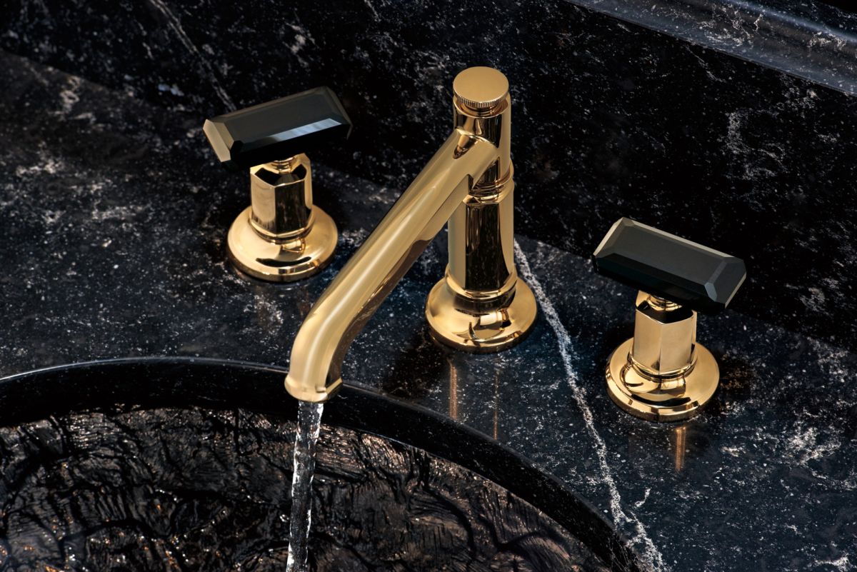BRIZO Invari Widespread Lavatory Black Crytal Knob Handle Kit — Polished Gold / Black Crystal