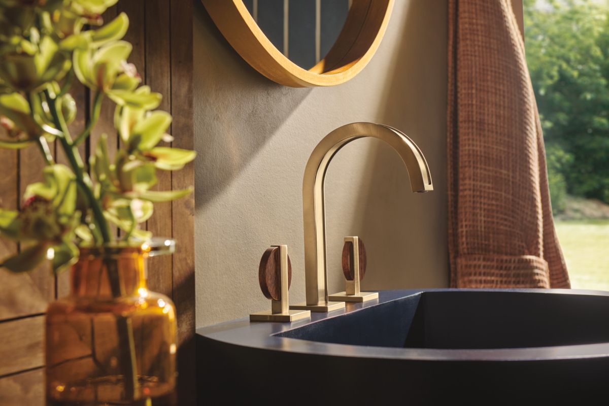 BRIZO Frank Lloyd Wright Widespread Lavatory Lunar Handle Kit — Luxe Gold / Wood