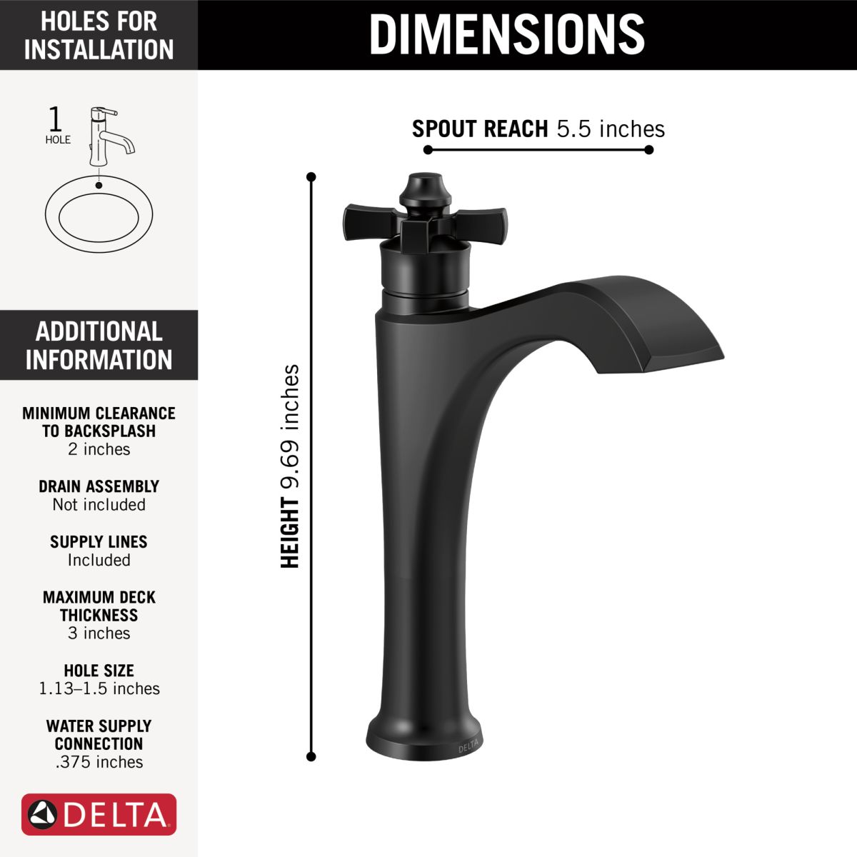 DELTA Dorval Single Handle Mid-Height Vessel Bathroom Faucet — Matte Black