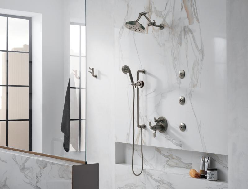 BRIZO Litze 8” H2Okinetic Round Multi-Function Wall Mount Showerhead — Luxe Steel