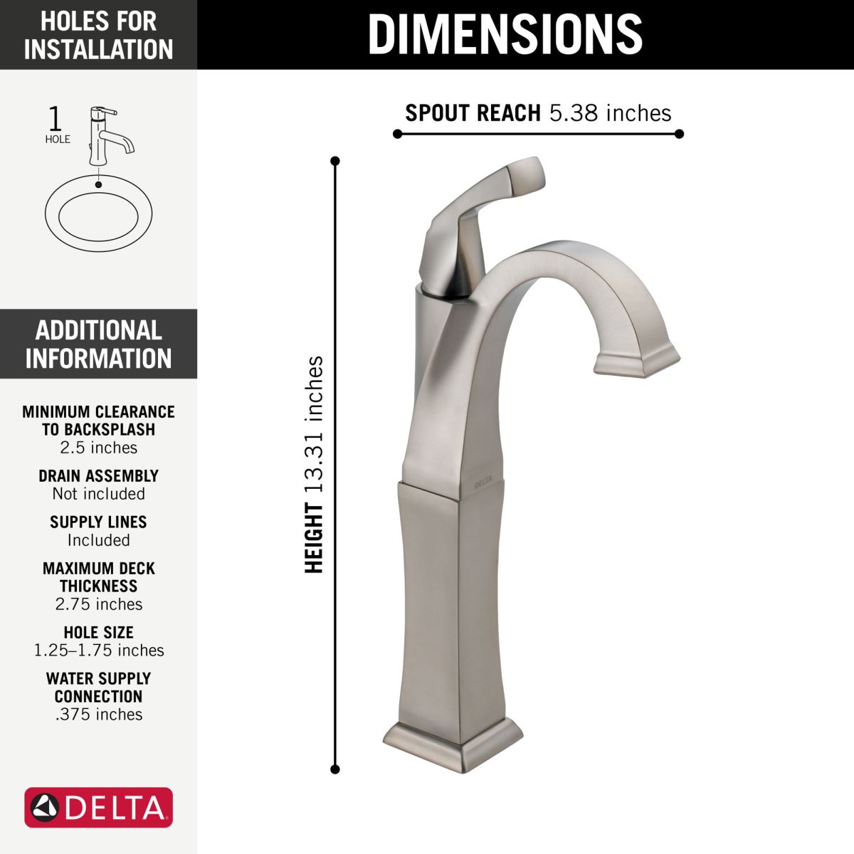 DELTA Dryden Single Handle Vessel Bathroom Faucet — Stainless