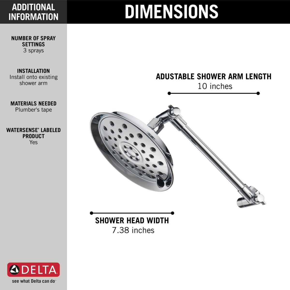 DELTA Universal Showering Components Bell Shower Head with Adjustable Arm Extender — Chrome