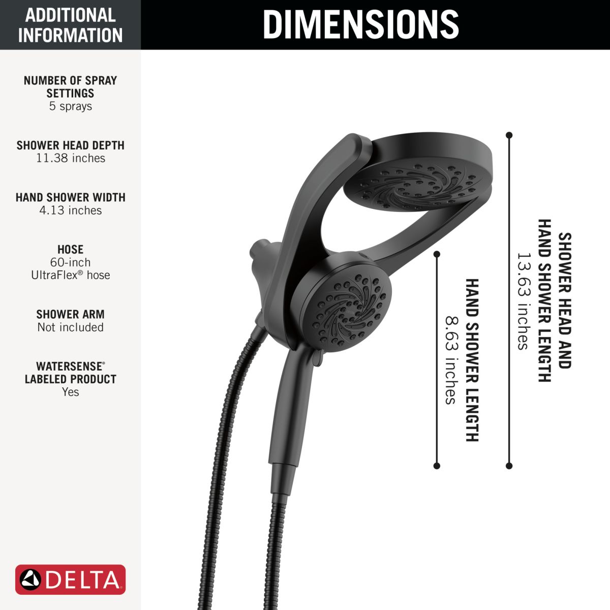 DELTA Universal Showering Components 5-Setting HydroRain with ProClean — Matte Black