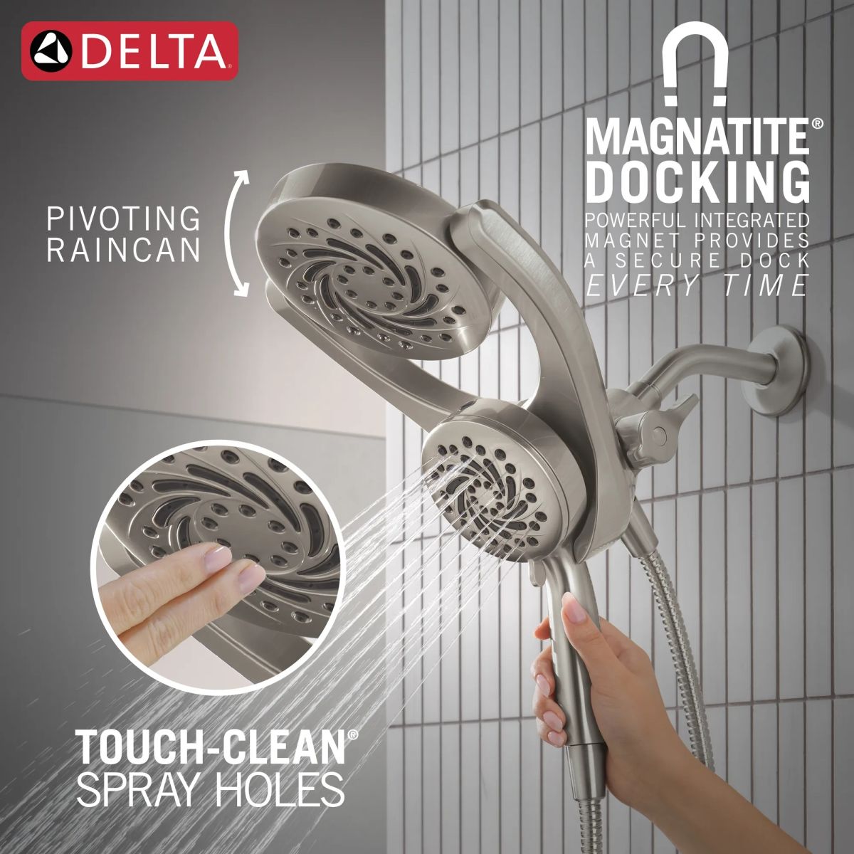 DELTA Universal Showering Components 5-Setting HydroRain with ProClean — Spotshield Brushed Nickel