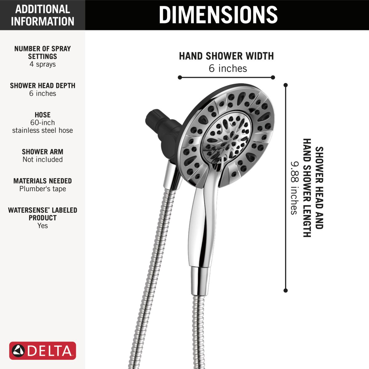 DELTA Universal Showering Components In2ition 4-Setting Two-in-One Shower — Chrome