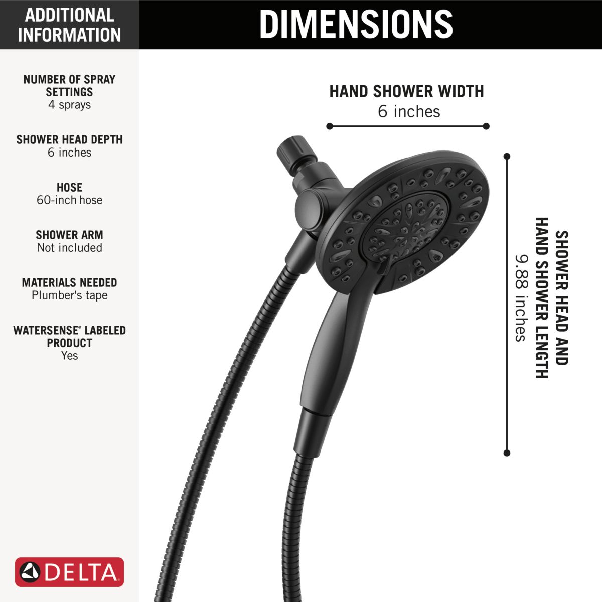 DELTA Universal Showering Components In2ition 4-Setting Two-in-One Shower — Matte Black