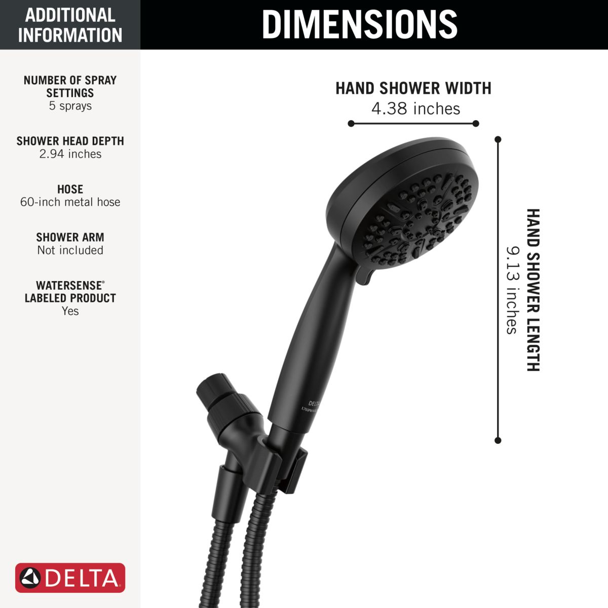 DELTA Universal Showering Components 5 Setting Hand Shower — Matte Black