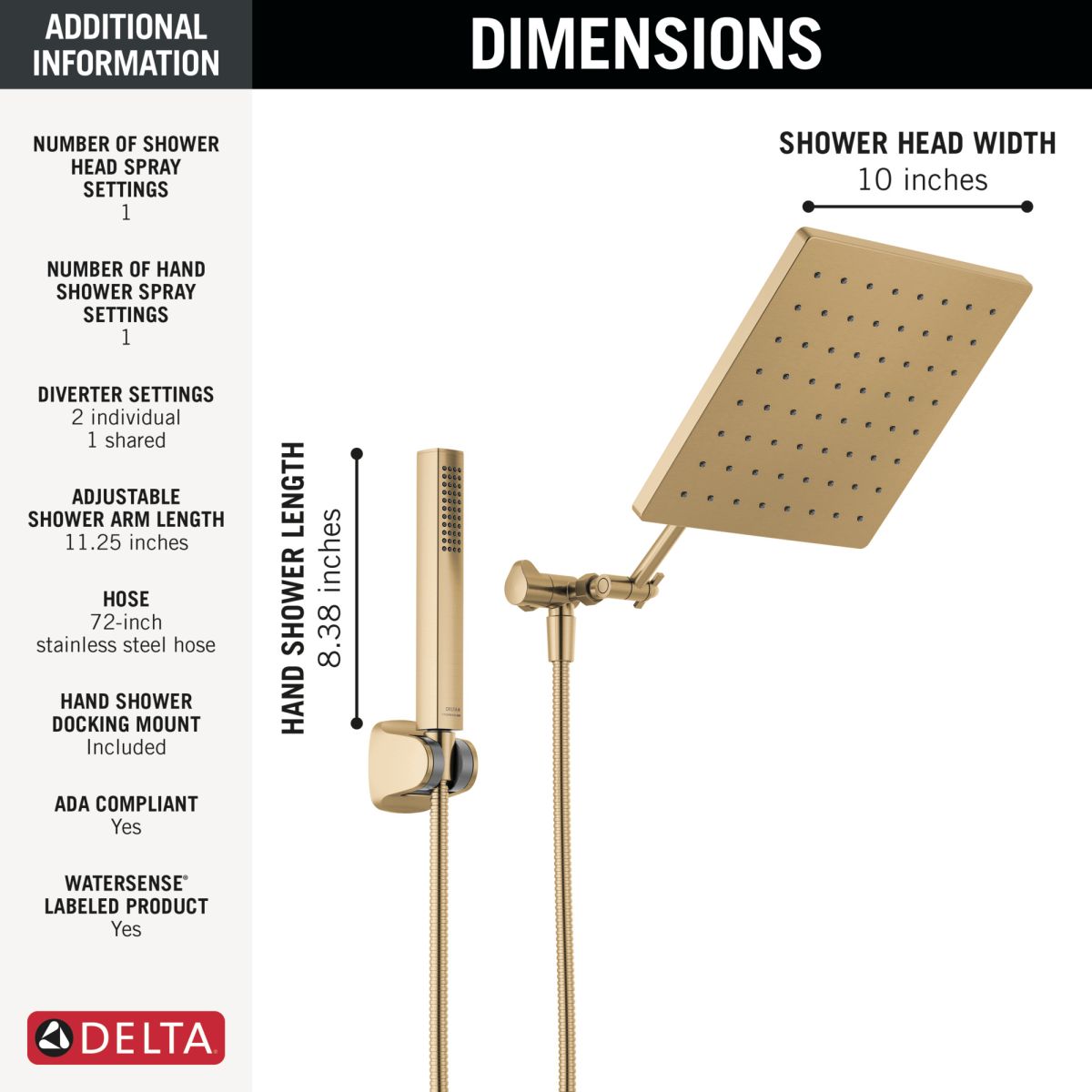 DELTA Universal Showering Components 10 inch Raincan Shower Head & Hand Held Combo with Adjustable Extension Arm — Champagne Bronze