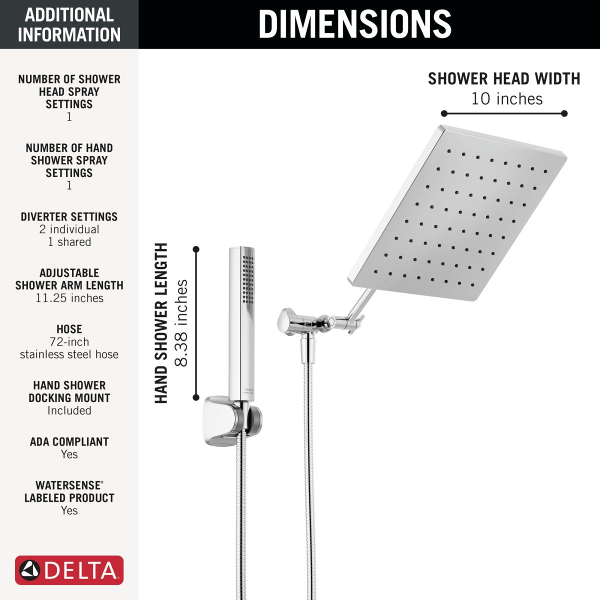 DELTA Universal Showering Components 10 inch Raincan Shower Head & Hand Held Combo with Adjustable Extension Arm — Chrome