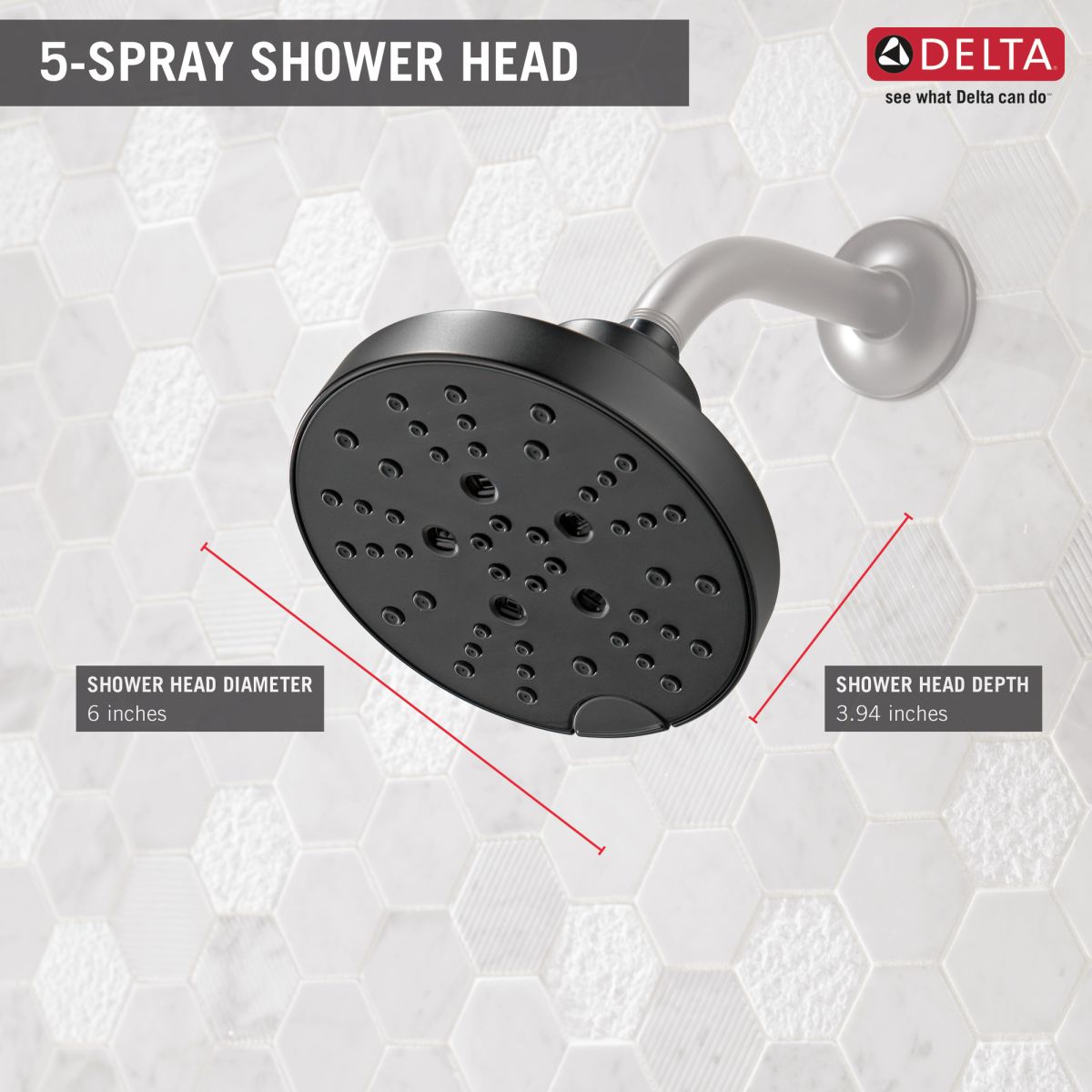 DELTA Universal Showering Components H2Okinetic 5-Setting Shower Head — Matte Black
