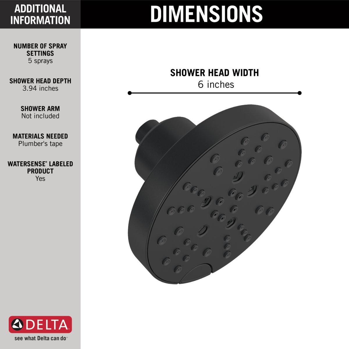 DELTA Universal Showering Components H2Okinetic 5-Setting Shower Head — Matte Black
