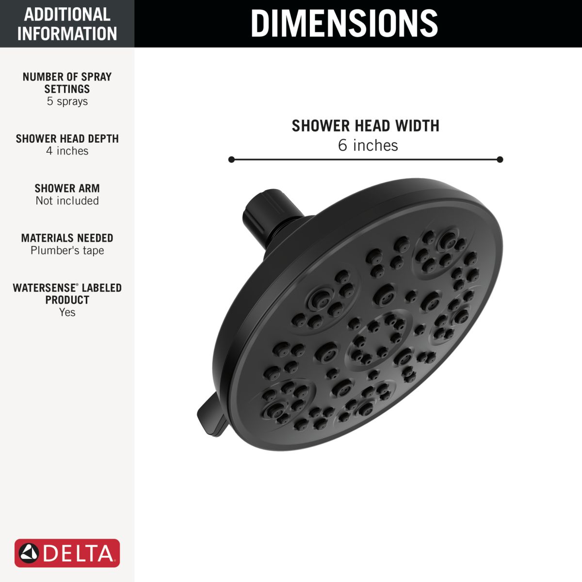 DELTA Universal Showering Components 5-Setting Shower Head — Matte Black