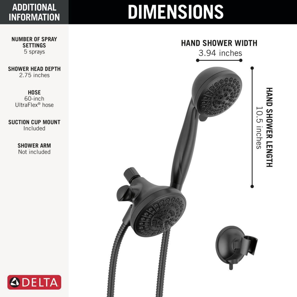 DELTA Universal Showering Components 5 Function Combo Pack Shower — Matte Black