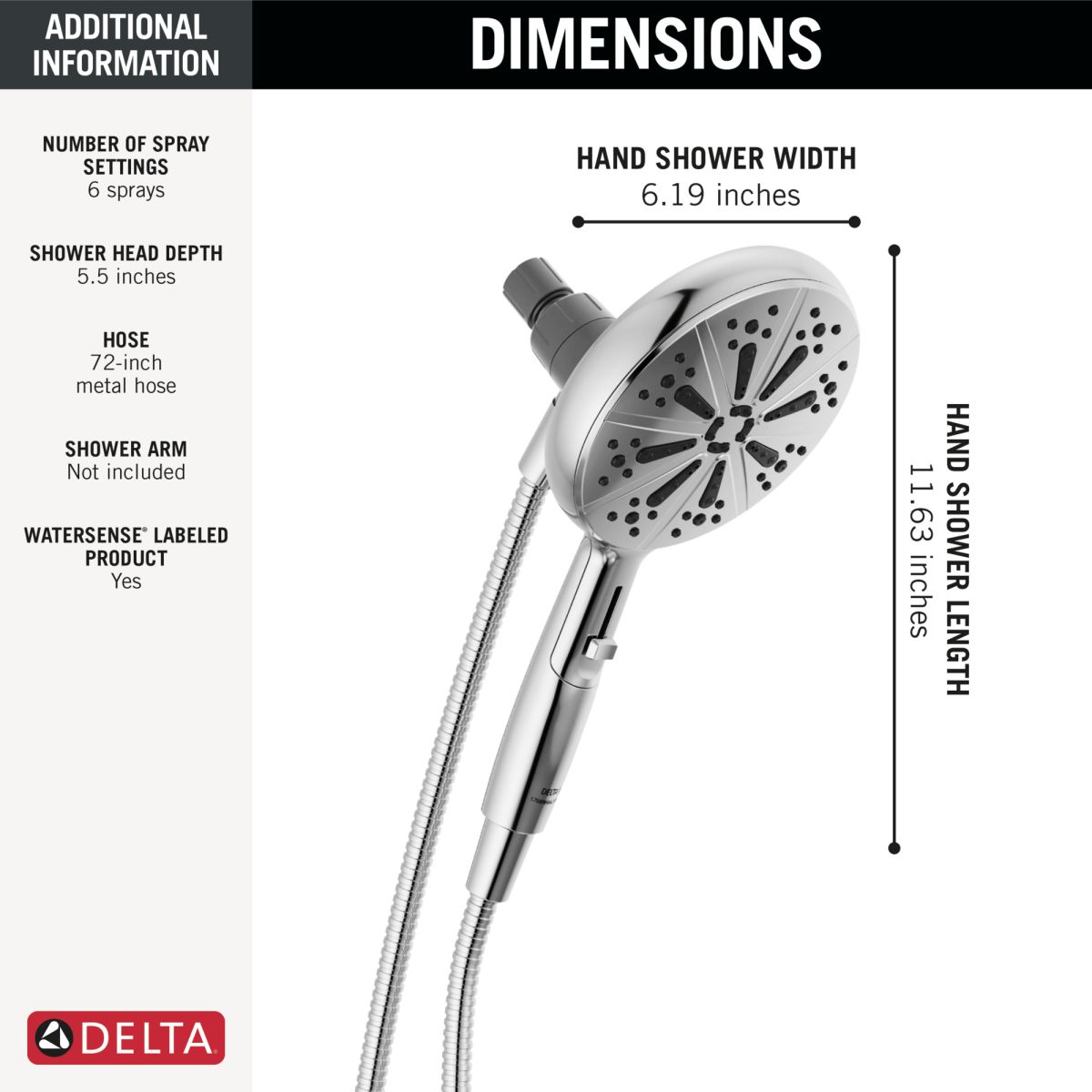 DELTA Universal Showering Components 6-Setting SureDock Magnetic Hand Shower — Chrome