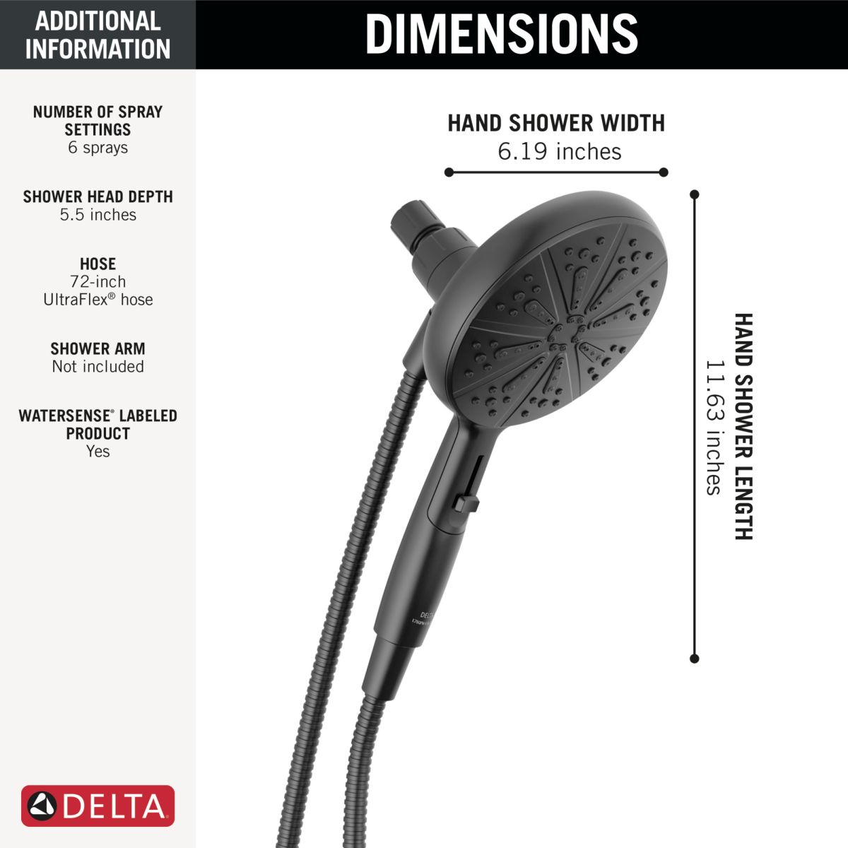 DELTA Universal Showering Components 6-Setting SureDock Magnetic Hand Shower — Matte Black