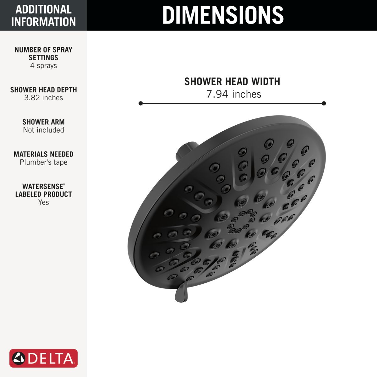 DELTA Universal Showering Components 4 Setting Shower Head — Matte Black