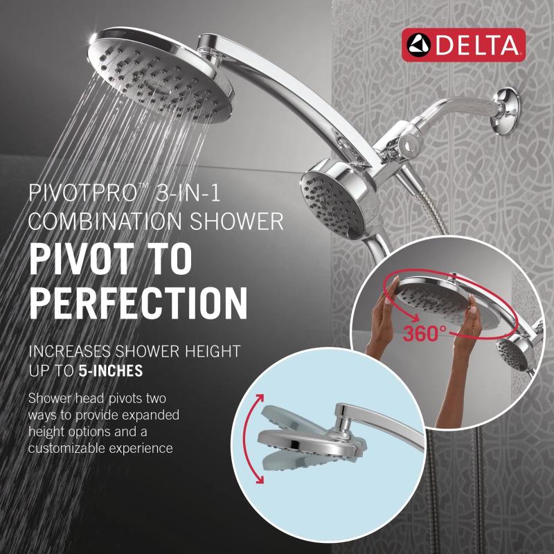 DELTA Universal Showering Components PivotPro 3-in-1 Combination Shower with TouchClean Spray Face — Chrome