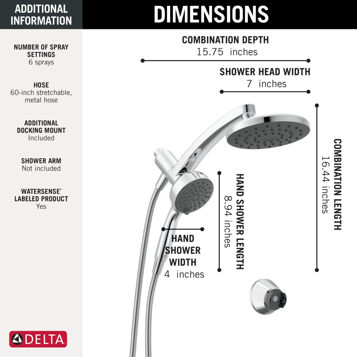 DELTA Universal Showering Components PivotPro 3-in-1 Combination Shower with TouchClean Spray Face — Chrome
